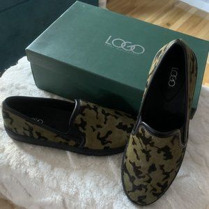 Designer LOGO Green & Black Camo Pony Fur black rubber sole shoe
